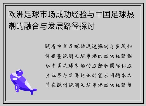 欧洲足球市场成功经验与中国足球热潮的融合与发展路径探讨