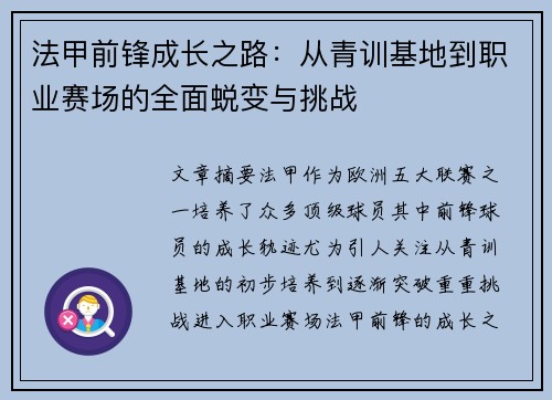 法甲前锋成长之路:从青训基地到职业赛场的全面蜕变与挑战 法甲前锋成长之路:从青训基地到职业赛场的全面蜕变与挑战