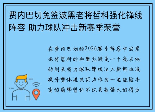 费内巴切免签波黑老将哲科强化锋线阵容 助力球队冲击新赛季荣誉