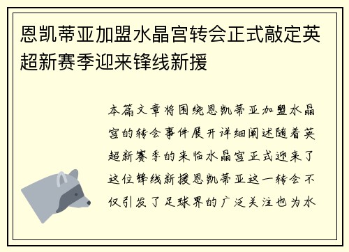 恩凯蒂亚加盟水晶宫转会正式敲定英超新赛季迎来锋线新援